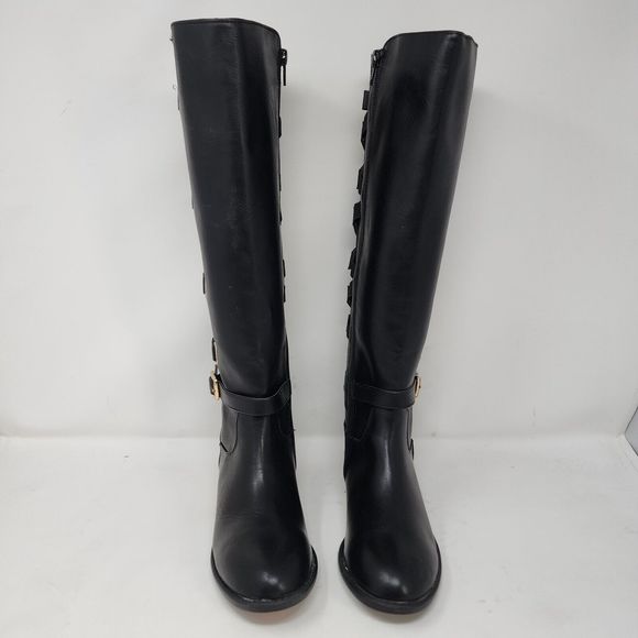 Thalia Sodi Riding Boots Womens 5 Black Veronika Faux Leather Zip Buckle Strap - Picture 5 of 10